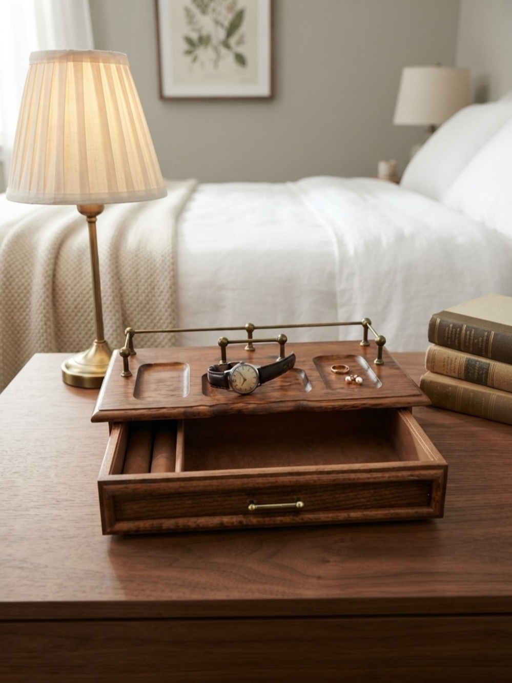 Vintage 1976 Gunther Mele Wooden Valet Tray, Retro Brass Accent Catchall Box